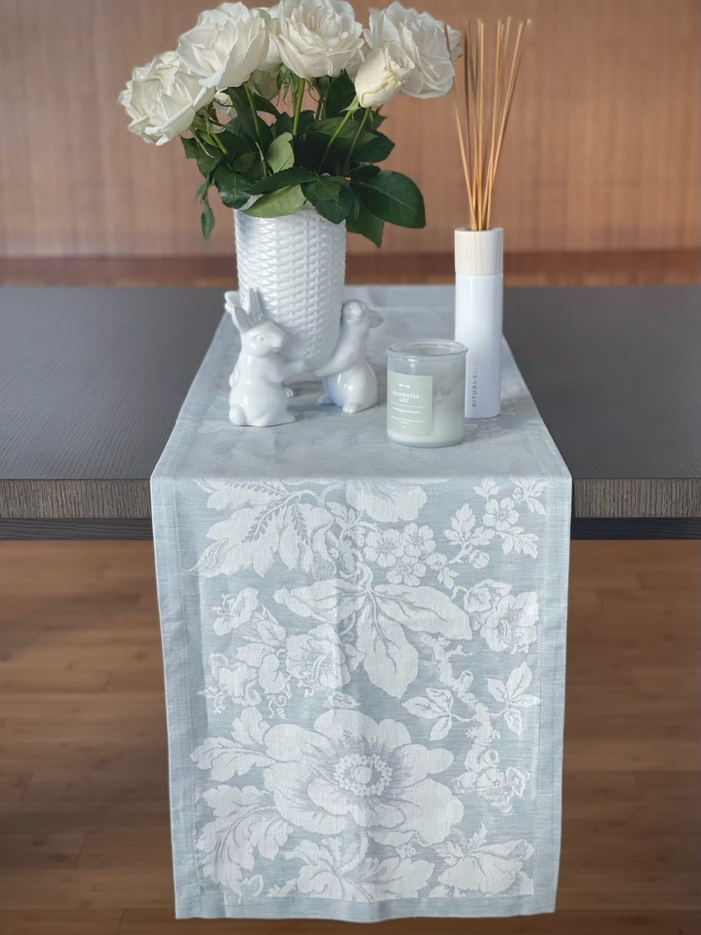 Williams Sonoma Jacquard Tablerunner Lightly Blue Floral Bloom 16x108’ NEW